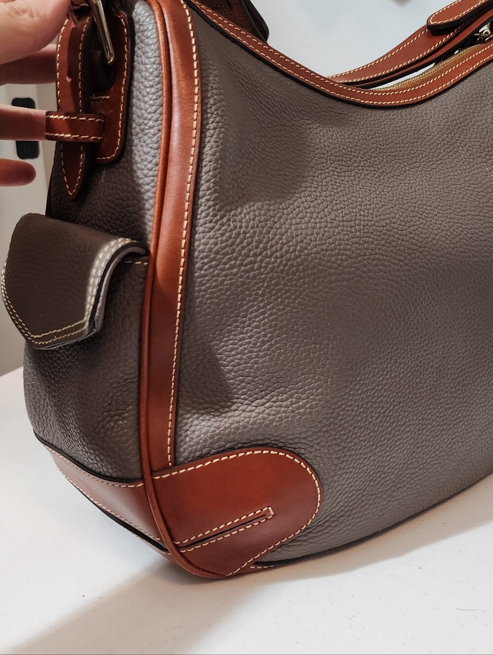 Dooney & Bourke Taupe Pebbled Leather Hobo with Brown Trim - Picture 3 of 6